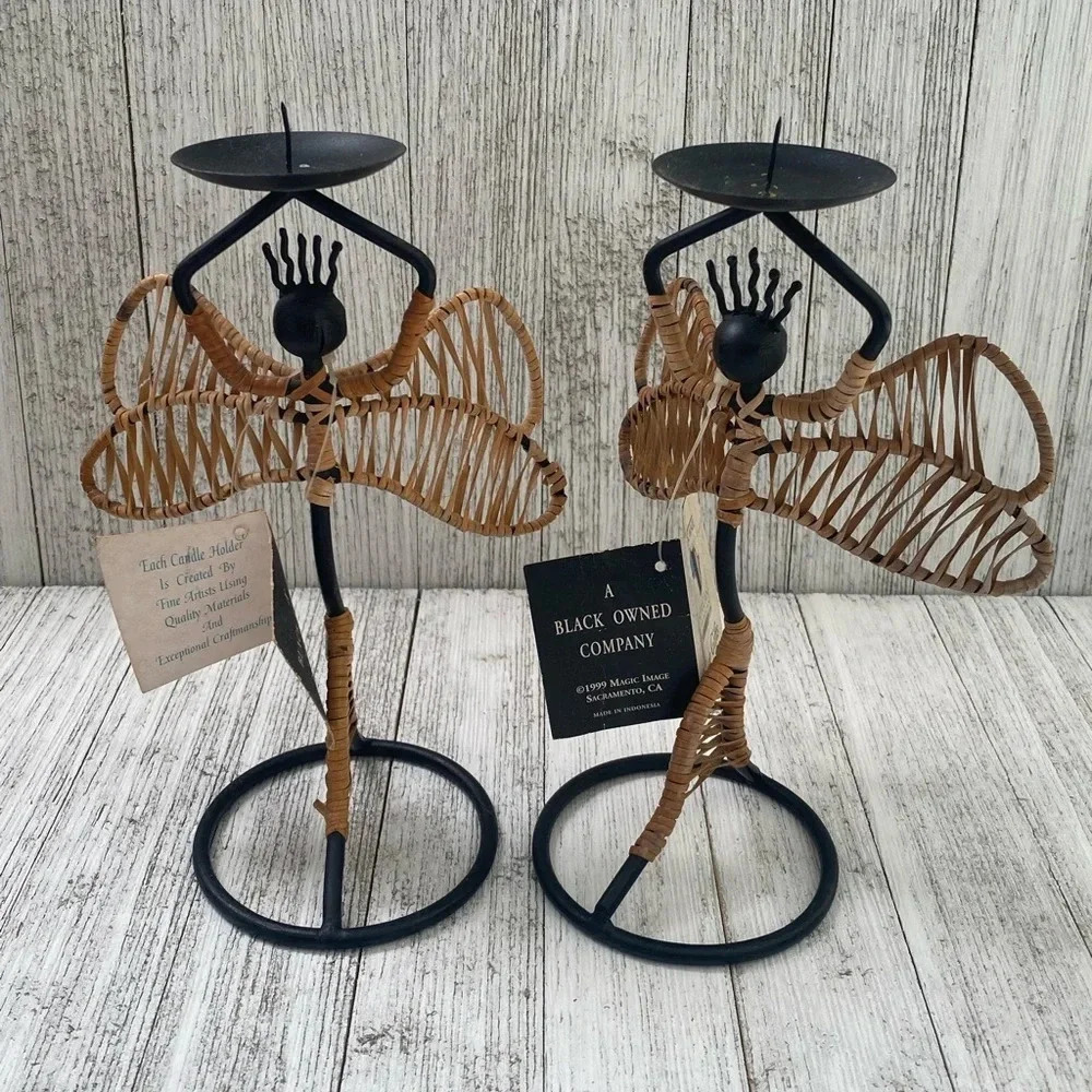 Pair of 2 Vintage Iron Rattan candle holders